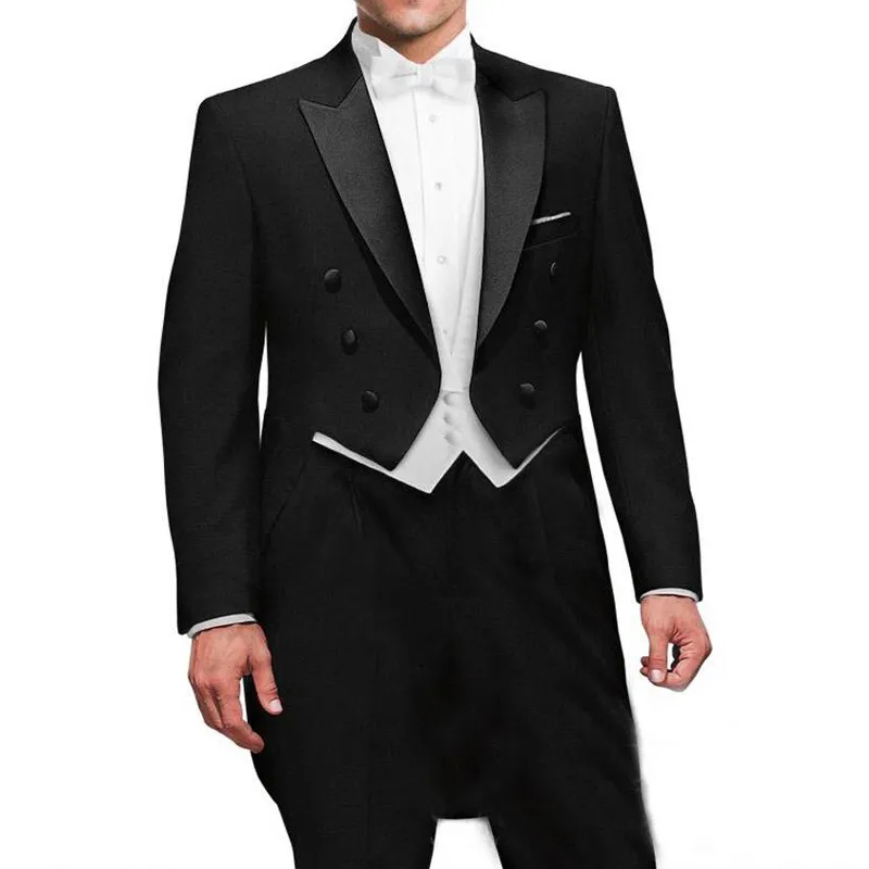 

Black Wedding Groom Man Tail Coat with Double Breasted Gentleman Suits 3 Piece Set Custom Fashion Jacket with White Vest Pants