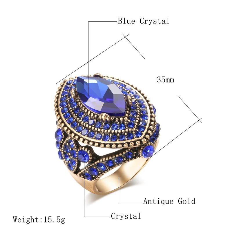 Kinel Luxury Black Antique Ring For Women Vintage Look AAA Crystal Boho Jewelry Gold Color Charm Ethnic Wedding Ring