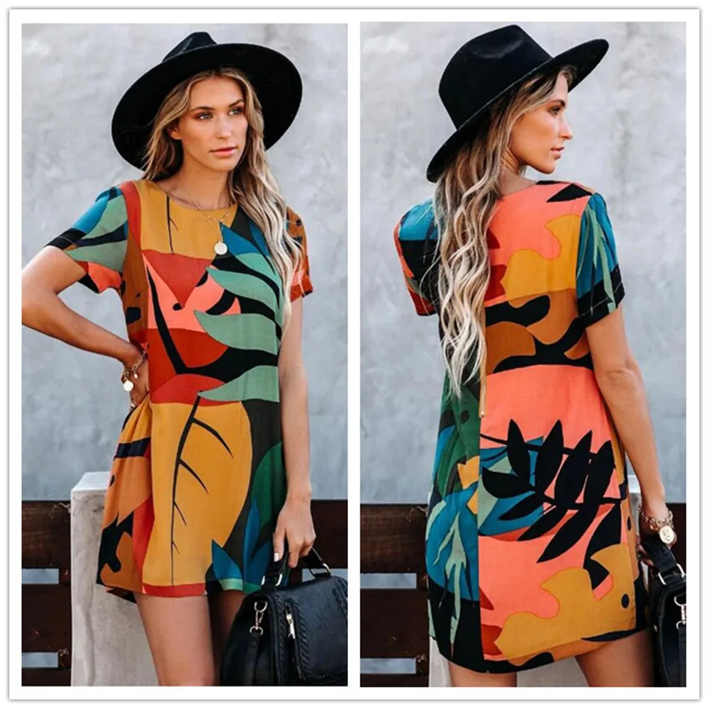 

2021 Fashion Women's Dresses Short-Sleeved Color Printing Dress Round Neck Fashion Short Skirt Sexy A Line Mini Dress