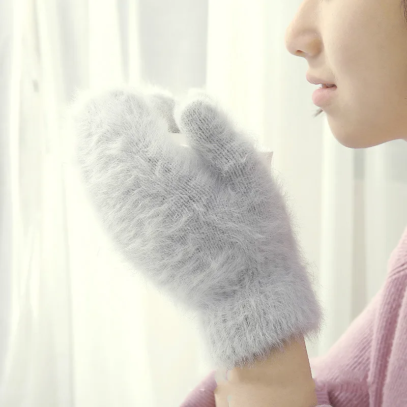 Rabbit Wool Gloves Female Winter Mittens Fur Gloves Fingerless Winter Women Girls Mittens Black Guantes White
