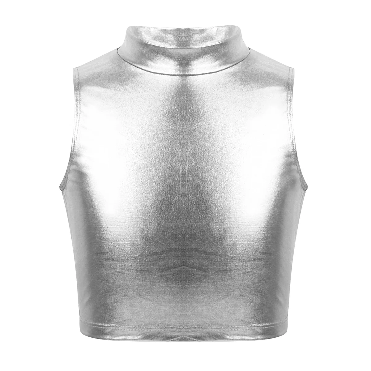 Kids Girls Shiny Metallic Jazz Modern Hip Hop Crop Dance Top Gymnastics Vest Costume for Ballet Dance Stage Performance Workout