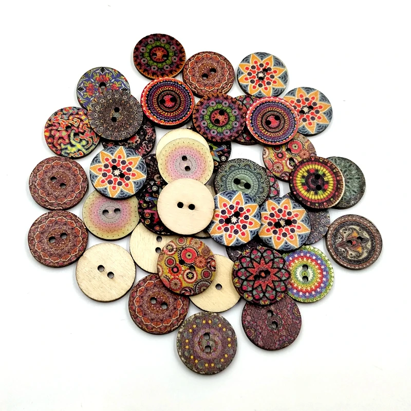 15/20/25mm Natural Retro Multi-Pattern Printing Wooden Round Buttons For Clothing Scrapbook Diy Home Sewing Accessories