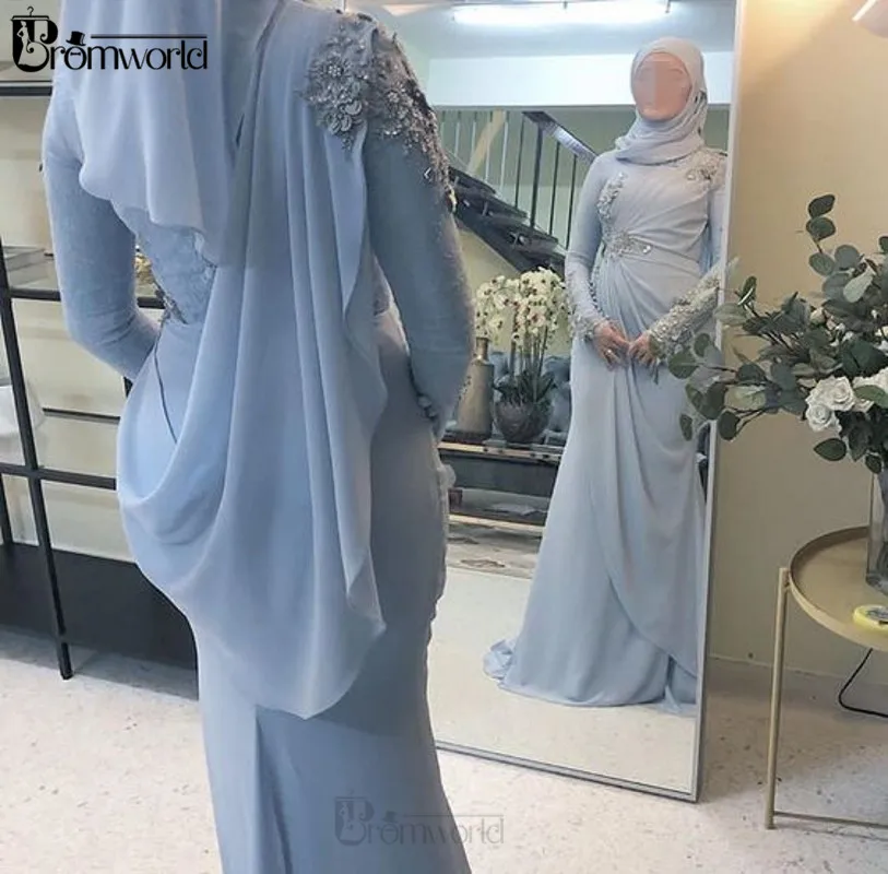 Dubai Kaftan Arabic Long Sleeves Formal Prom Dress 2024 Beaded Lace Chiffon Light Blue Muslim Evening Gowns Abiye Gece Elbisesi