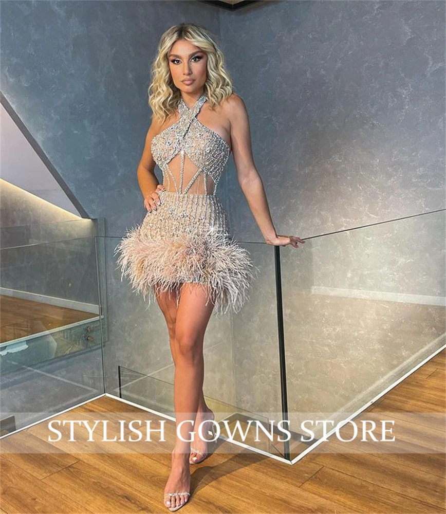 Luxe Halter Korte Prom Jurken Voor Zwarte Meisjes 2023 Kralen Crystal Birthday Party Gown Veren Mini Cocktail Jurk Homecoming