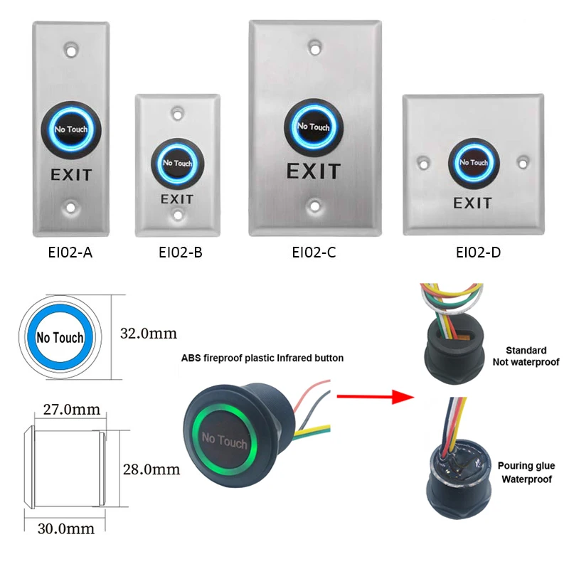 Contactless Waterproof No Touch Sensor Exit Switch Induction Type Release Exit Button Switch Access Control DC12V/24V With LED