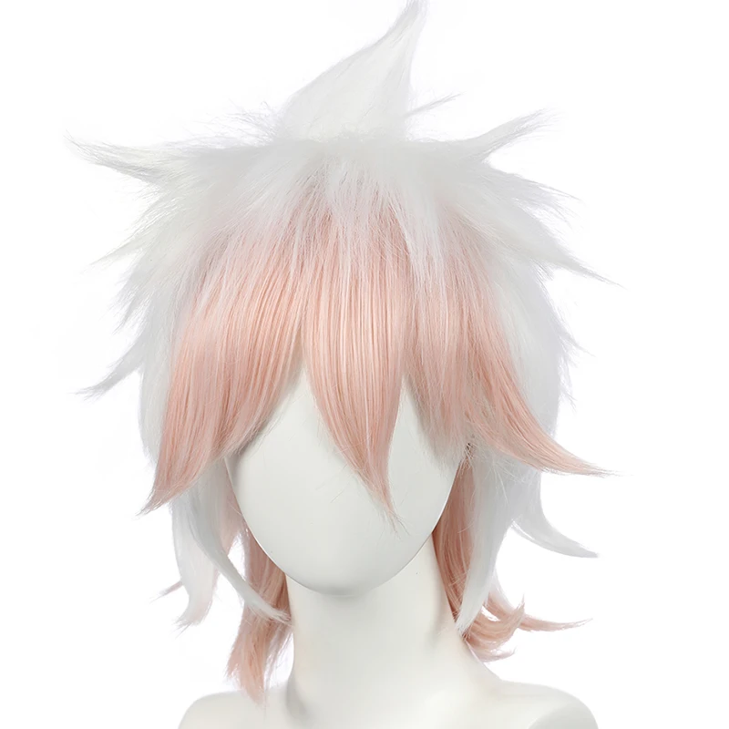 Danganronpa Dangan Ronpa Nagito Komaeda Cosplay Wig Short Gradient White Pink Curly Heat Resistant Synthetic Hair Wig + Wig Cap