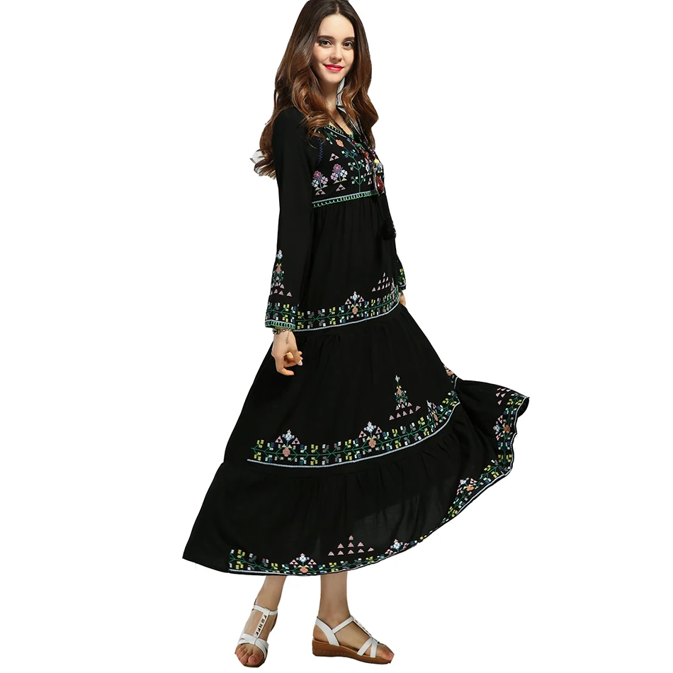 Khale Yose Spring Maxi Dress manica lunga Vintage Boho Dress donna abiti da ricamo floreale Gypsy Chic Cotton Party Clothing nuovo