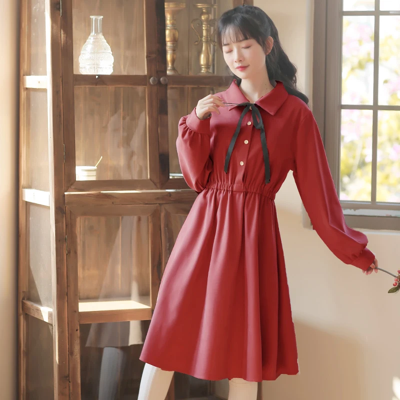 

Spring Autumn Women Dress Vintage High waist Cotton dress Long sleeve Slim Preppy Style Retro Sweet Female dresses 2020 HOT