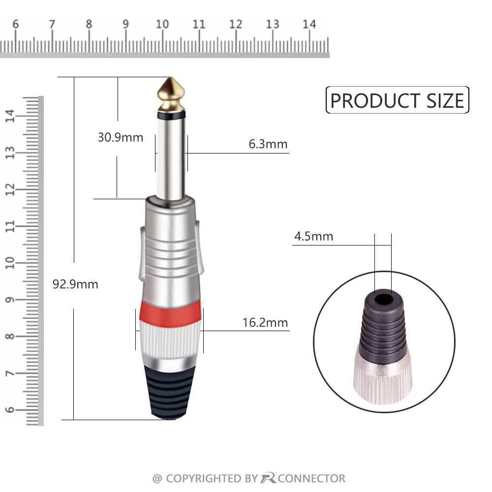 Mono sophomore core Jack 6.35mm with gold plated 7colors Audio Connector 6.35 mm Plug