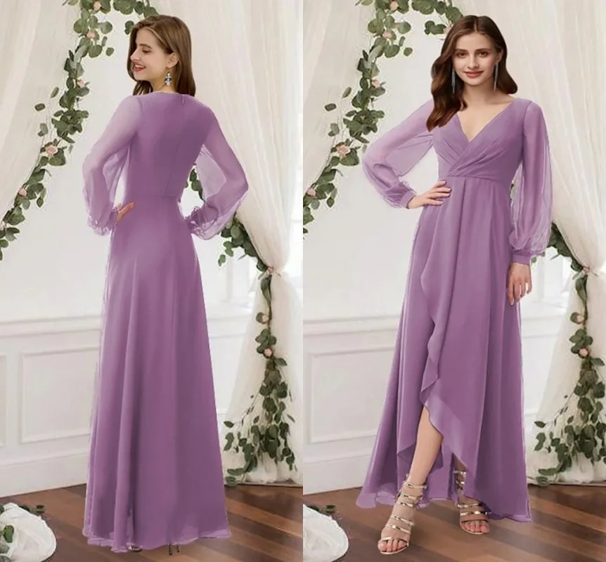 Vestidos De Noche asimétricos lilas simples, cuello en V, manga larga hasta el tobillo, vestido De Fiesta De graduación, 2024