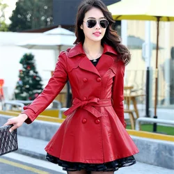 Women's Leather Jacket Mid Length Double Breasted Slim Autumn Winter Coat Red Black PU Leather Windbreaker Outerwear With Belt