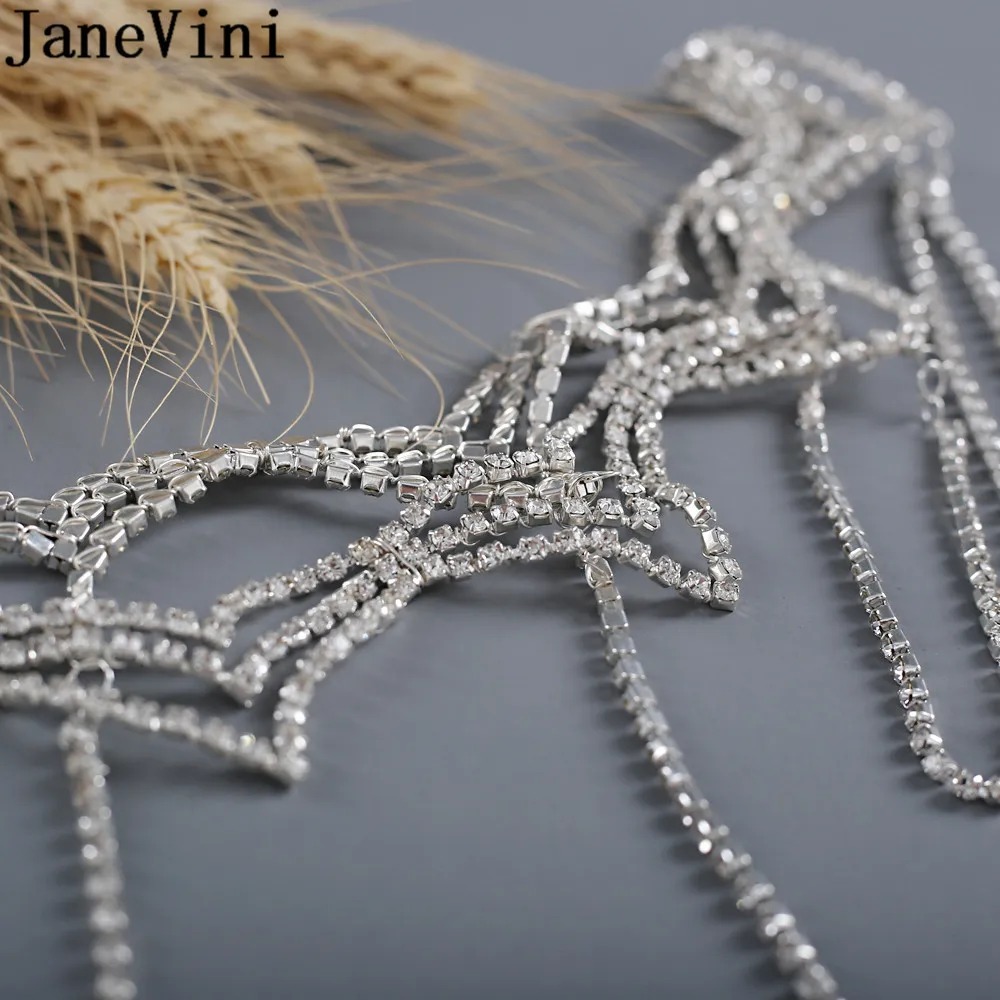 JaneVini Silver Rhinestone Bridal Shoulder Necklace Crystal Handmade Pageant Prom Wedding Bride Shoulder Jewelry Chain Necklace