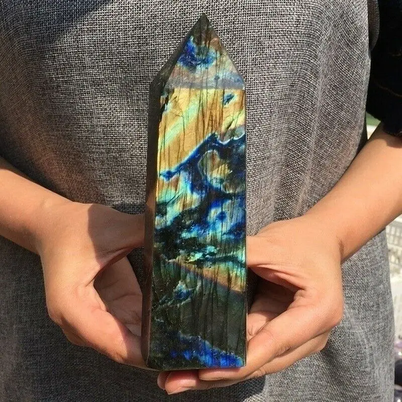 Large Natural Labradorite Obelisk Quartz Crystal Wand Point healing