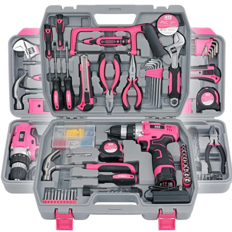 Pink Hand Tool Set KitElectric Screwdriver Li-ion Battery Lady Women Household Power Tool Set