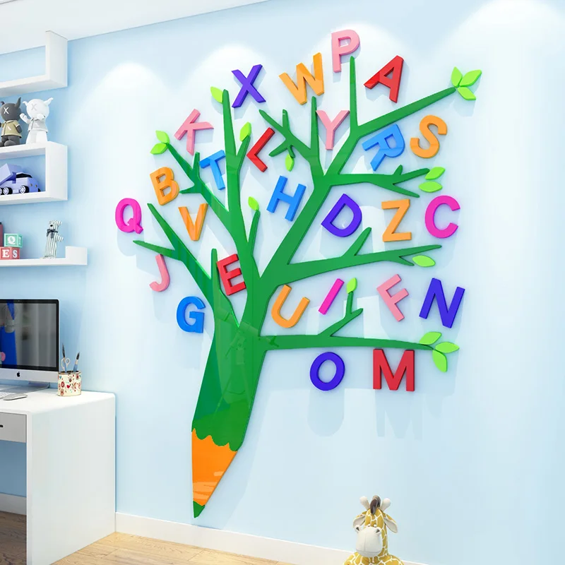 Pegatinas de pared para decoración de aula de jardín de infancia, pegatina de pared 3D para dormitorio de niños, pintura de árbol de alfabeto