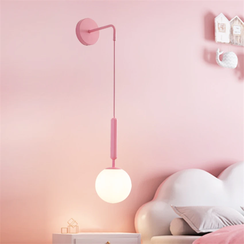 

Nordic pink glass ball wall lamps modern minimalist girl bedroom princess bedside lamps eye protection reading fixtures lighting