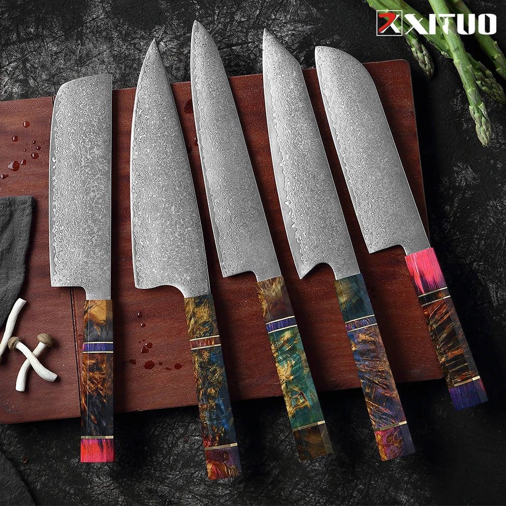 XITUO Japanese Damascus Steel Knives Set 2-9PCS Solidified Wood Handle Nakiri Knives Chef Santoku Knife Kitchen Cleaver Knife