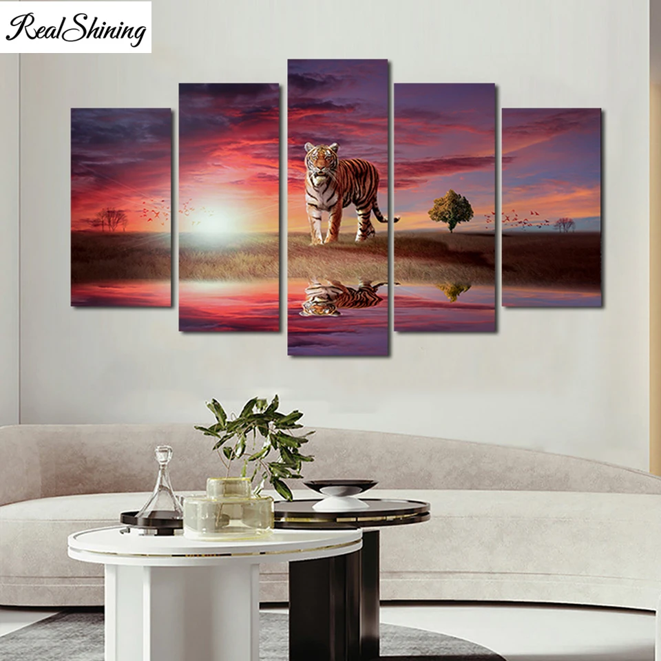 

Diamond Embroidery Multi-picture Combination DIY Diamond Painting 5 Pieces Tiger Shadow Sunset Picture T607