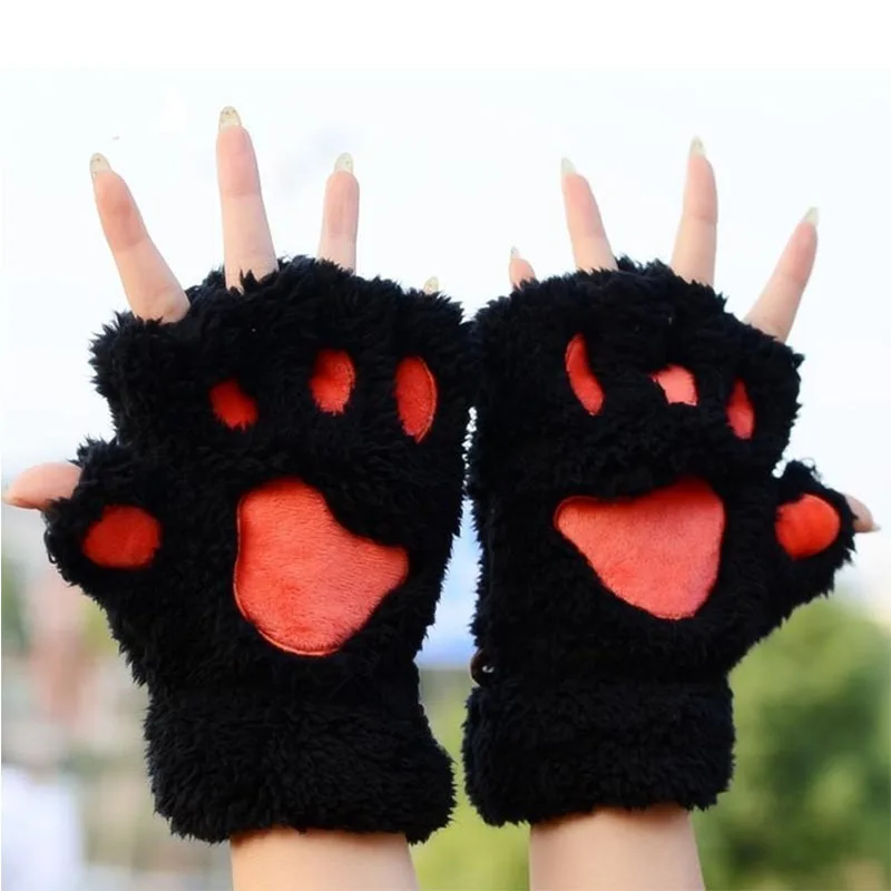 Women Cute Cat Claw Paw Plush Mittens Warm Soft Plush Short Fingerless Fluffy Bear Cat Gloves Costume Half Finger Black Gray