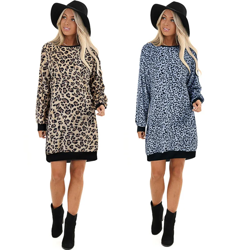 Short Womens Leopard Print Sweater Dress Sweater Fashion Long Sleeve Casual Dress Ladies 2020 Winter Free Shipping Plus Size