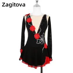 ZAGITOVA Figure Skating Dress Deep v-neck Ice Figure Skating Skirt Black Red Flower Woman Girl Rhinestones Competition