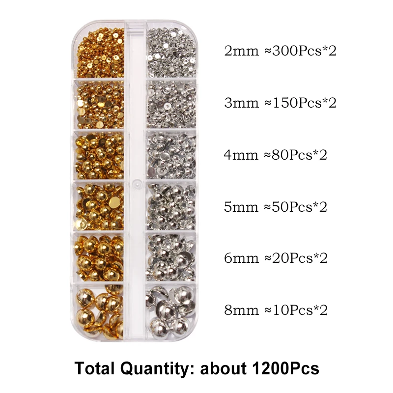 12 Grids Box Gold/Silver Pearl Beads Half Round Flatback Pearls for Nail art DIY Accessories Nail Jewelry Charms