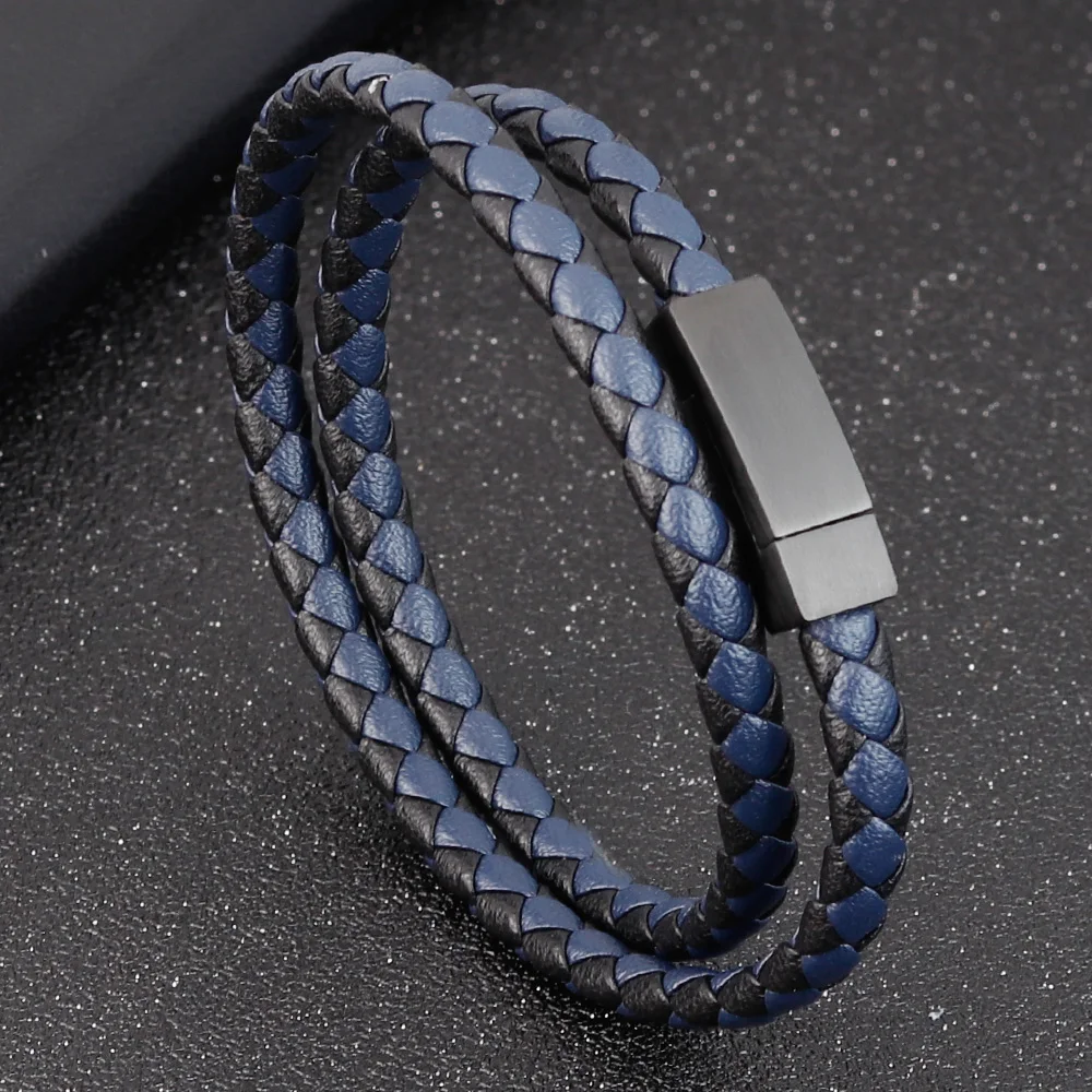 Fashion Unisex Multi-layer Woven Leather And Stainless Steel Combination Men\'s Leather Bracelet Black Brown Male Jewelry Gift