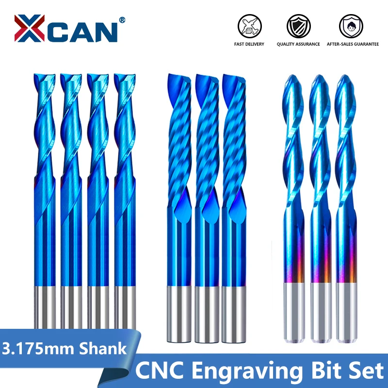 XCAN Milling Cutter 10 pcs CNC Router Bit 3.175 Shank Carbide End Mill Single Flute 2 Flute Tungsten Milling Tools Wood Cutters