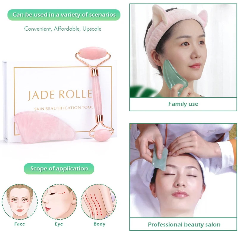 Natural Rose Quartz Jade Roller Gua Sha Scraper Set Facial Massager Roller Jade Stone Guasha Face Lift Skin Care Massage Tools