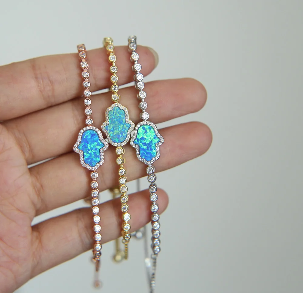 3 colors fine hamsa hand Top quality luxury 2017 blue opal fatimas hand cz tennis fashion 925 sterling silver fine bracelet