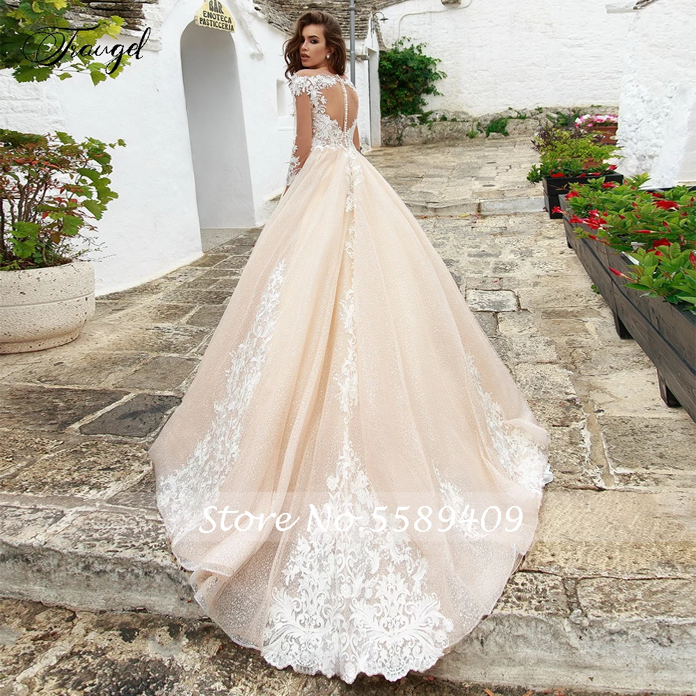 Traugel vestidos de novia o pescoço manga longa laço vestido de casamento luxo ilusão apliques botão tribunal trem a linha vestidos de noiva