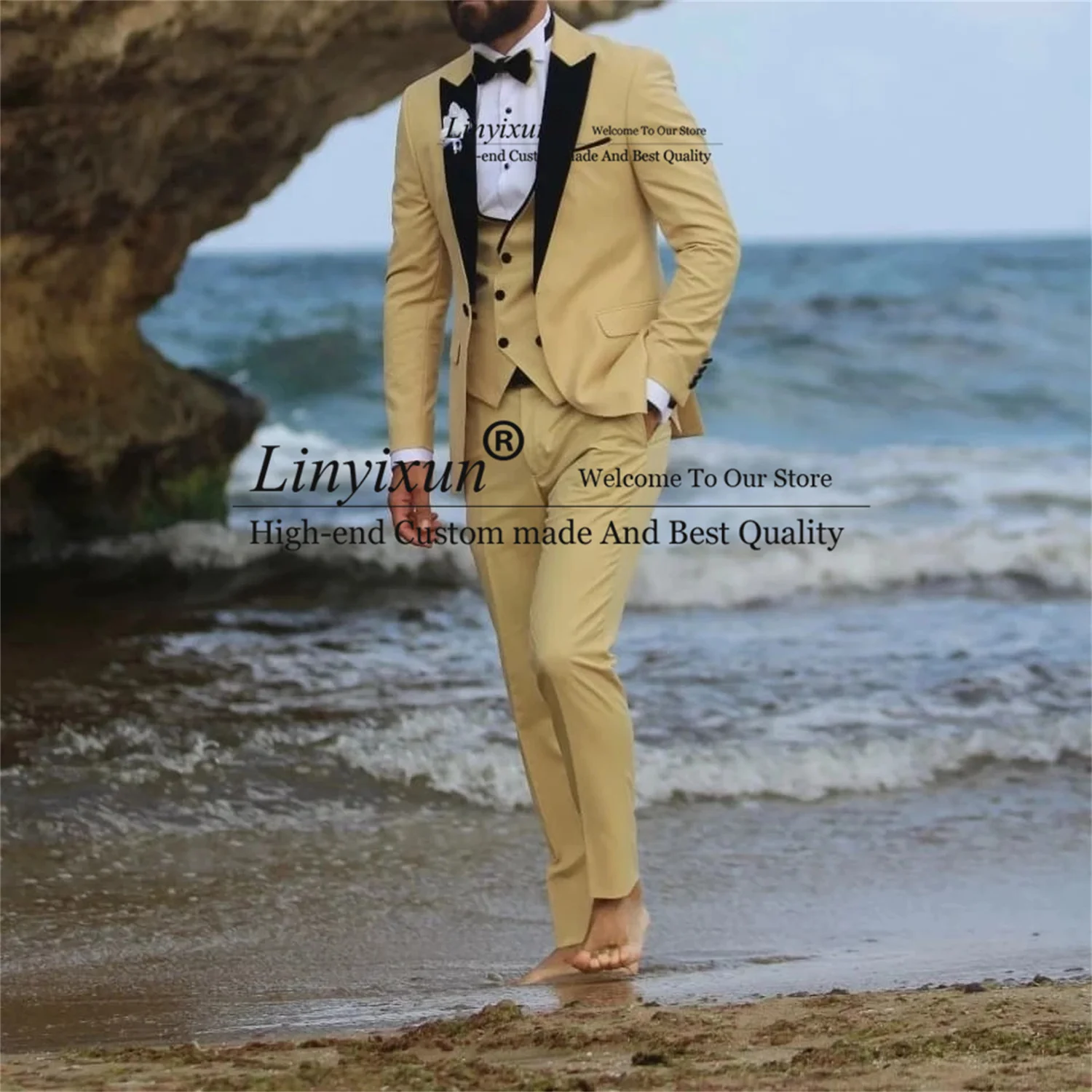 

Fashion Yellow Mens Wedding Suits Black Peaked Lapel Groom Tuxedos 3 Piece Jacket Vest Pants Set Business Male Prom Party Blazer