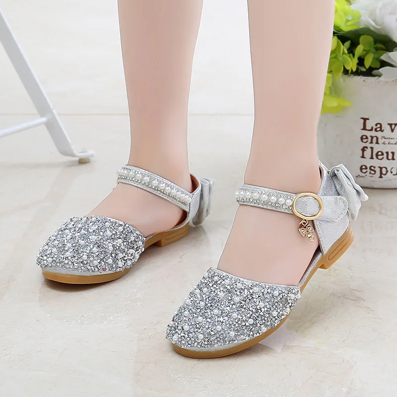 Gold Silver Pink Rhinestone Crystal Sandal Kids Princess Shoes for Wedding Party Girl Dance Performance Single Shoes Children