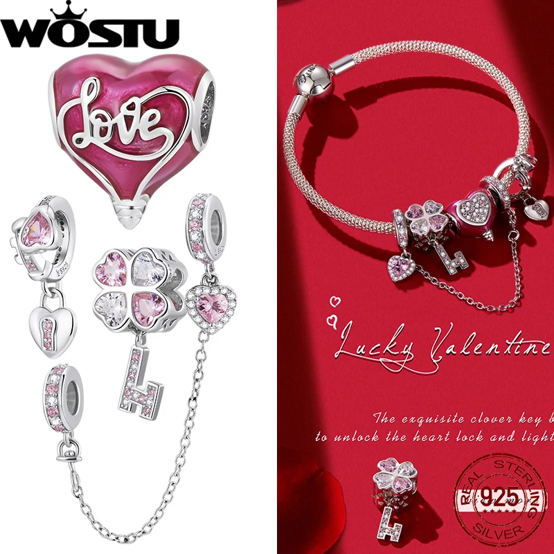 WOSTU 925 Silver Valentine Gift Heart Clover Lock Key Charms Beads Zircon Safety Chain Fit Original Bracelet Necklace For Women