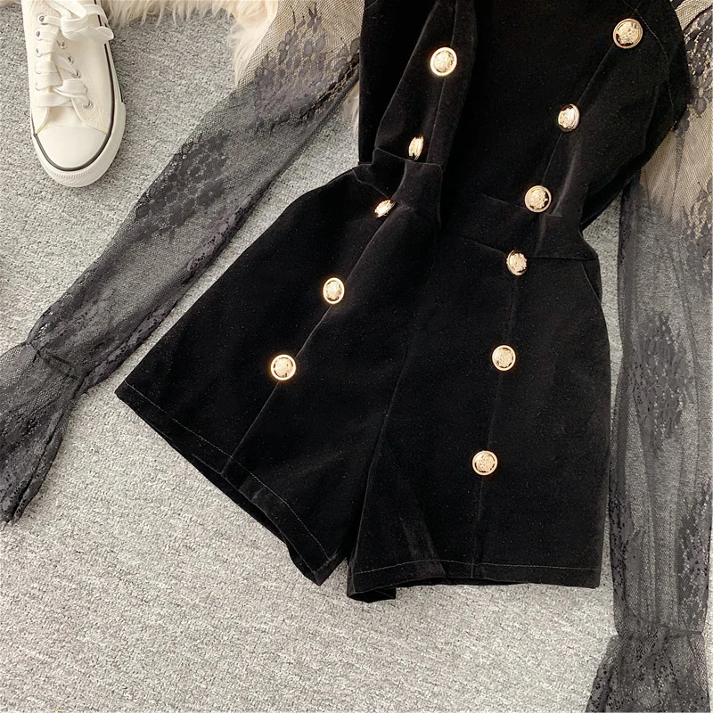 Chidrizawa Two Piece Outfits Lace Tulle Pullover Flare Sleeve Shorts Gold Velvet Button Solid 2021 New Fashion Clothes Female