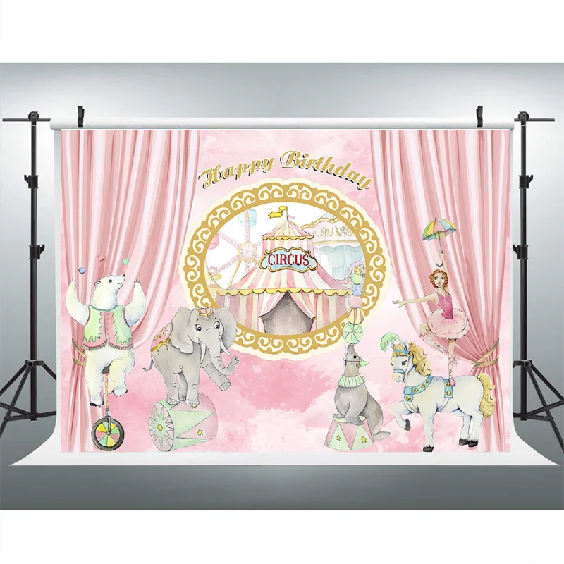 Mocsicka Circo Aniversário Fundo Rosa Cortina Dança Menina Fotografia Contexto Urso Elefante Decoração Banner Estúdio Prop