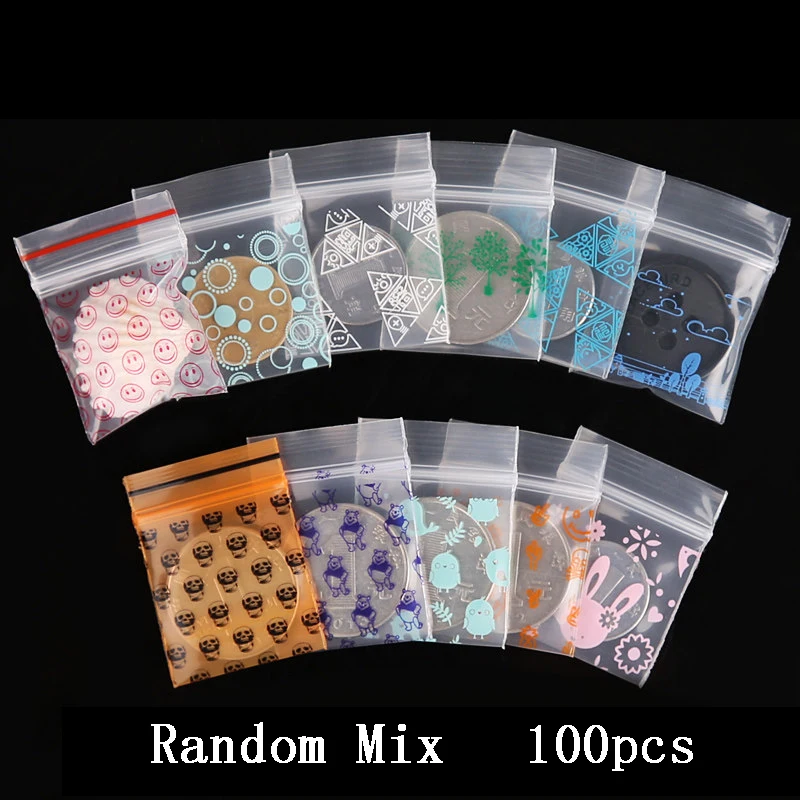 100pcs Random Mix Ziplock Pill Jewelry Packaging Plastic Pouches Mini Cute Zip lock Bags Plastic Packaging Bags Thick 0.24mm