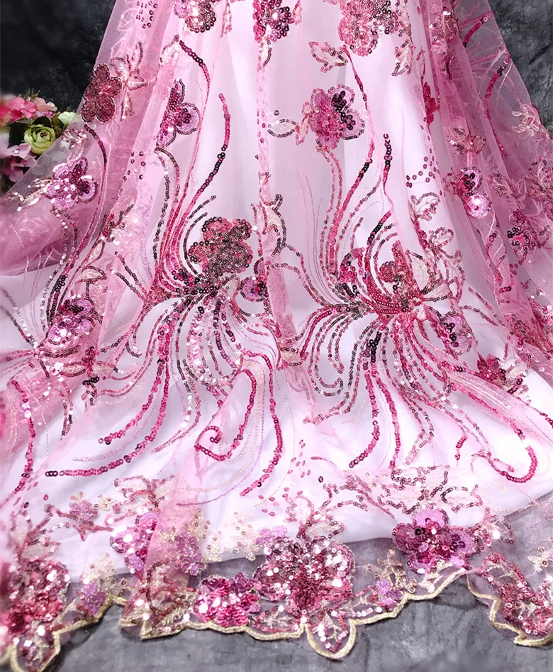 Fotografia 5: Novo rosa safira azul grande flor 3d lantejoulas bordado malha tecido desempenho roupas flor bordado tecido de renda