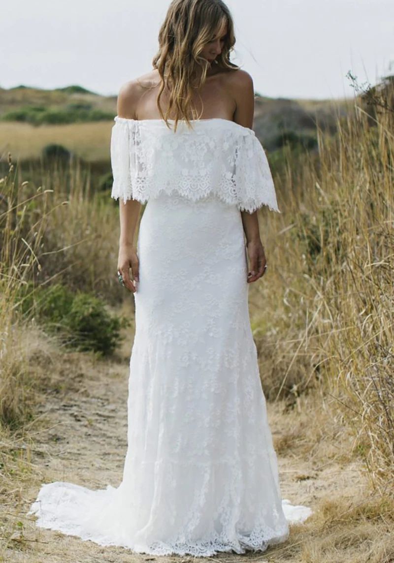 Off Shoulder Boho Lace Rustic Destination Mermaid Customized Wedding Dress Bohemian Plus Size Long Photography Bridal Gowns