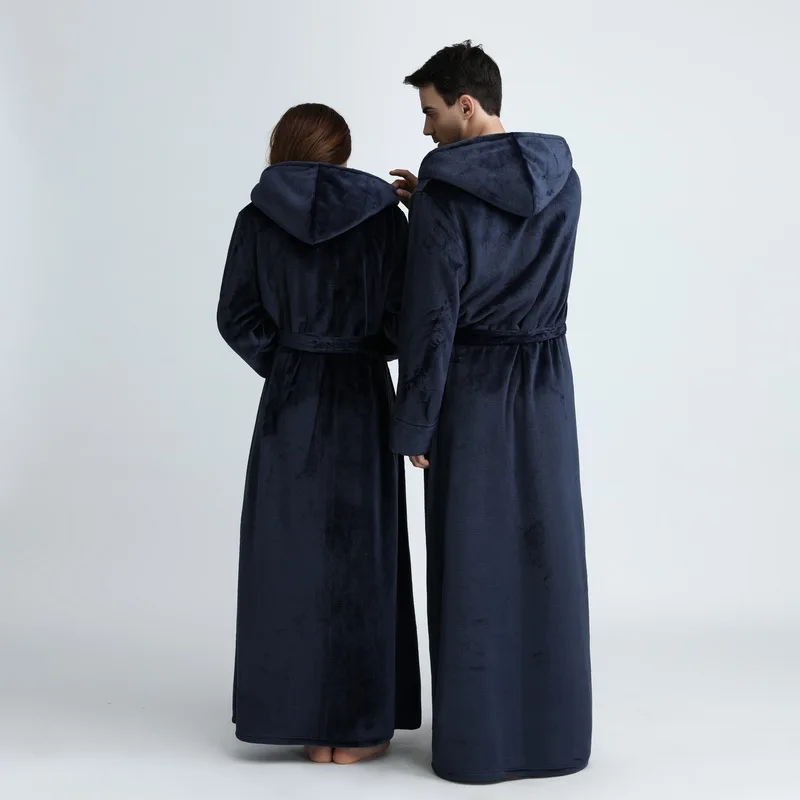 Lovers Plus Size Hooded Extra Long Warm Bathrobe Thick Flannel Men Women Winter Bath Robe Cozy Coral Fleece Dressing Gown Spa