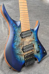 Guitarra eléctrica sin cabeza, instrumento musical con trastes de ventilador, 7 cuerdas, color azul, cuello asimétrico ergonómico de arce tostado, novedad de 2021