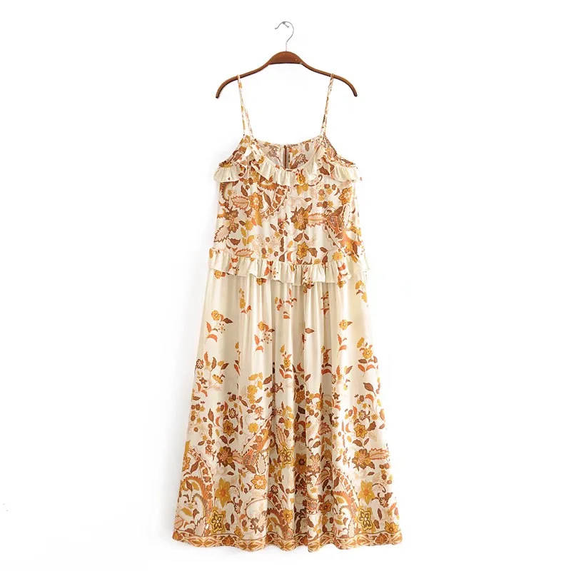 BOHO Wood ears Ruffles stampa floreale Spaghetti Strap Dress BOHO donna nappa Lace up scollo a V Sling Maxi abiti lunghi Beach