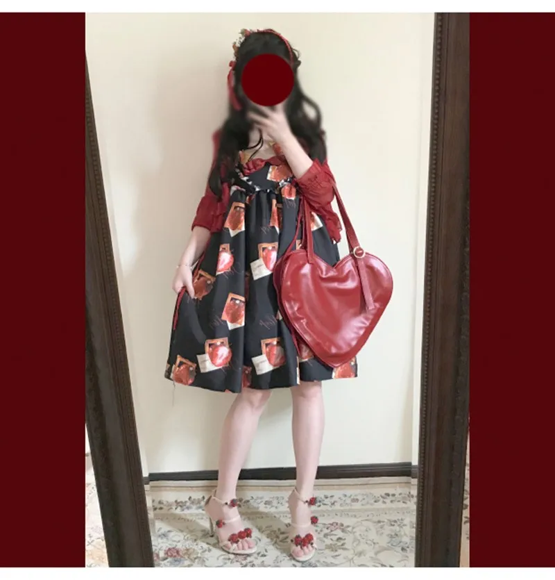 Lolita dress vintage cute high waist printing victorian dress kawaii girl gothic lolita strap dress  strawberry  palace sweet