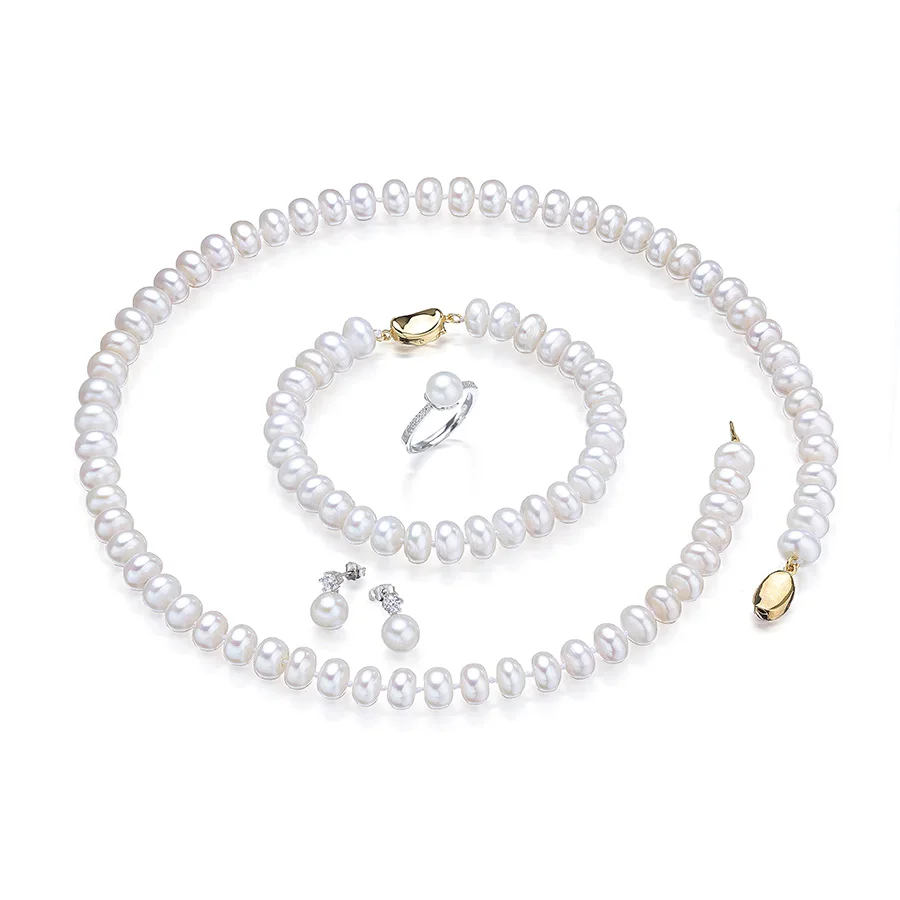 Dainashi AAAA High Quality White 8-9mm Freshwater Bread Beads With 925 Sterling Silver Fine Jewelry Sets Gift For Women