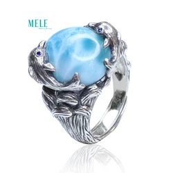 Natural high quality Larimar sea stone waves lovely dolphin ring ring ring ring Dominican gem