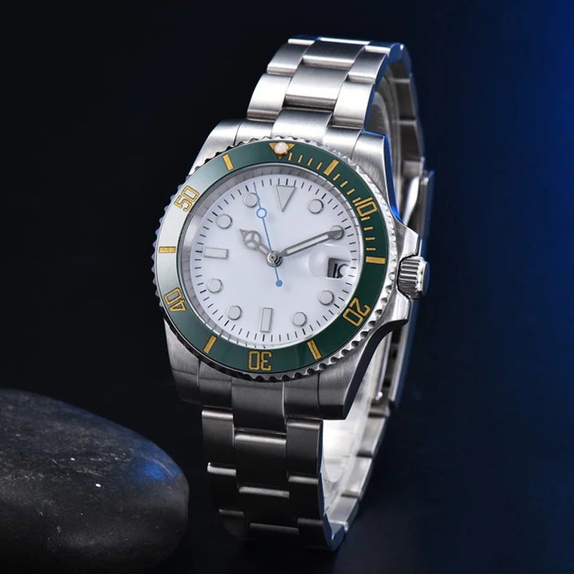 Luxury Aseptic White Surface Men's Automatic Mechanical Watch Watch Stainless Steel Color Green Ceramic Ring