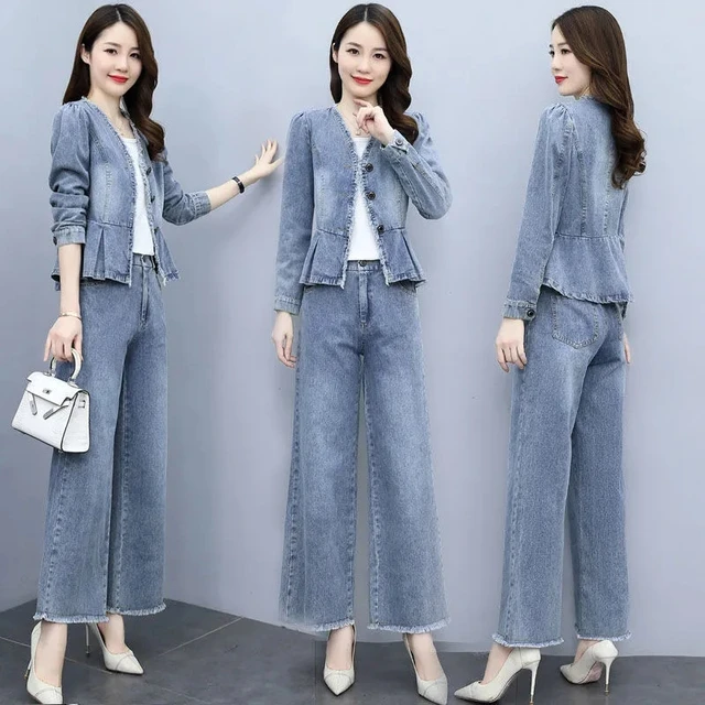 Donna Denim 2 pezzi set donna Outfit primavera autunno Casual manica lunga giacca di Jeans elastico in vita gamba larga Jeans pantaloni vestito 4XL AliExpress
