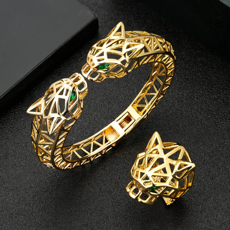 Zlxgirl jewelry Big leopard head shape women and men bangle with ring jewelry set high Dubai Gold bracelet anel bijoux free box