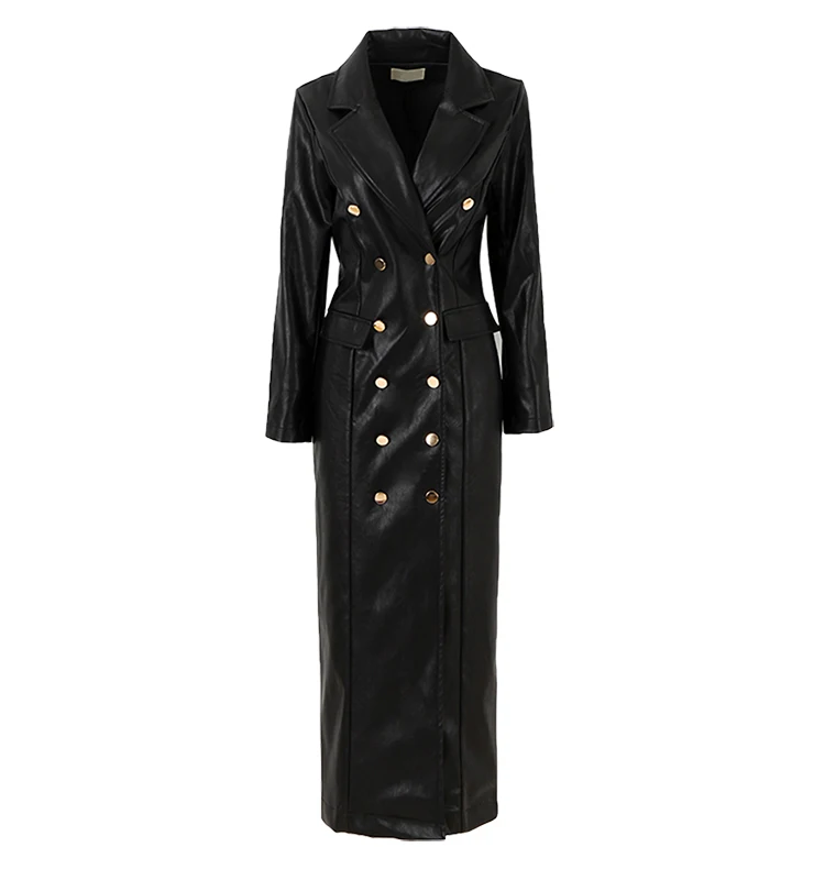Lautaro Spring Autumn Extra Long Black Faux Leather Trench Coat for Women Double Breasted Luxury Elegant British Fashion 2022