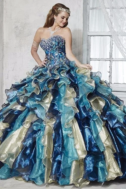 Custom Made 2019 Vintage Blue สีสัน Quinceanera ชุด Organza ความยาวชั้นเจ้าหญิงสาวเจ้าสาวหวาน15 16ชุด